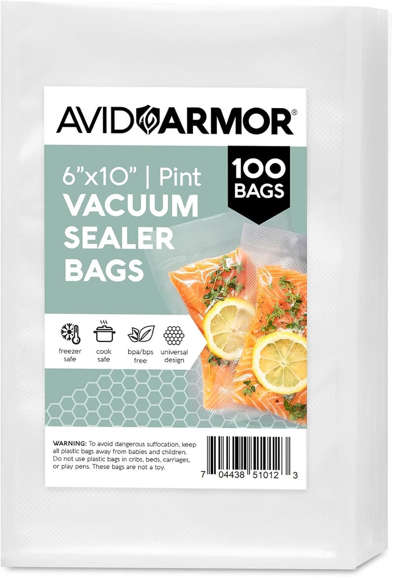 Avid Armor Vacuum Sealer Bags Pint Size, Vac Seal Bags for Food Storage, Meal Saver Freezer Vacuum Sealer Bags, Sous Vide Bags Vacuum Sealer, Non-BPA, 6 x 10 inches, Pack of 100 - Image 1